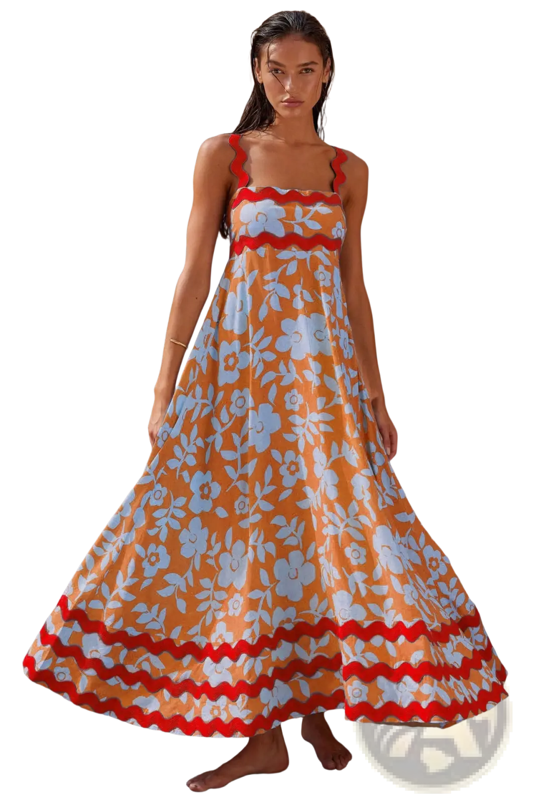 Floral Wavy Trim A-line Beach Maxi Dress