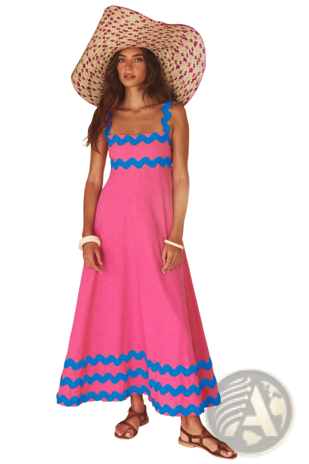 Floral Wavy Trim A-line Beach Maxi Dress