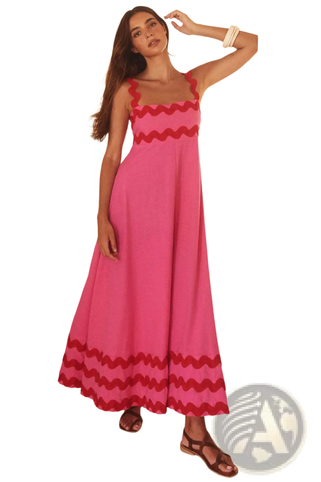 Floral Wavy Trim A-line Beach Maxi Dress