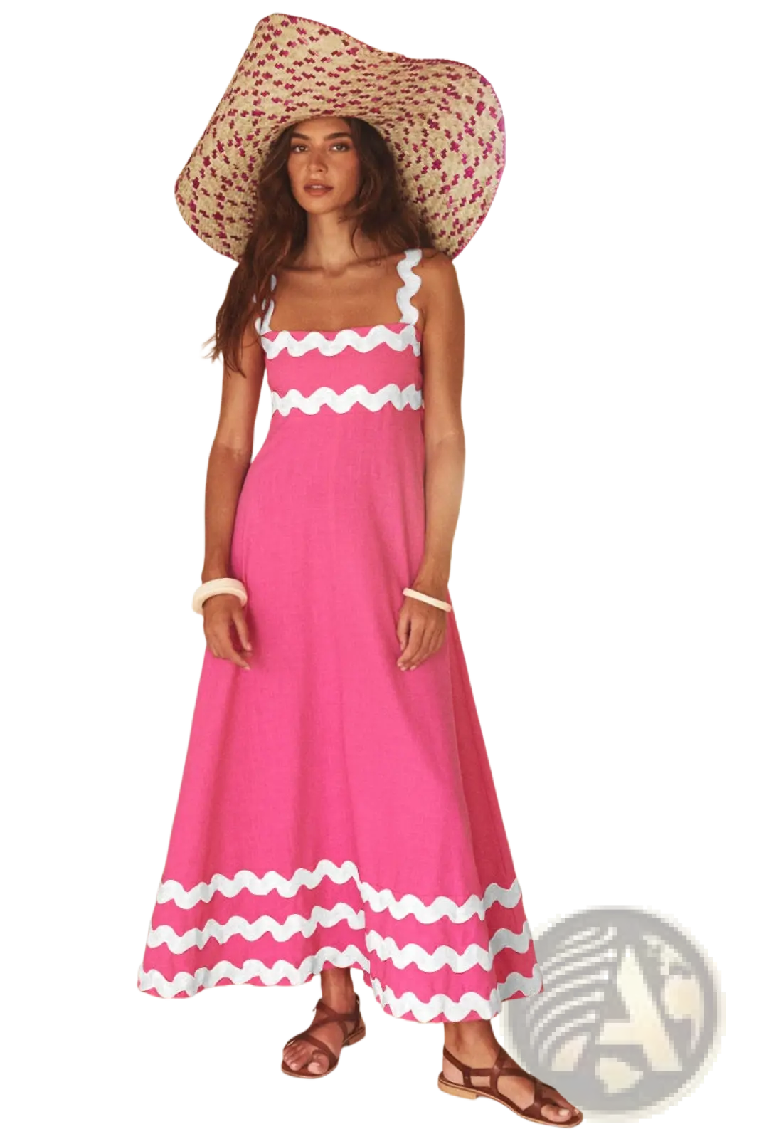 Floral Wavy Trim A-line Beach Maxi Dress