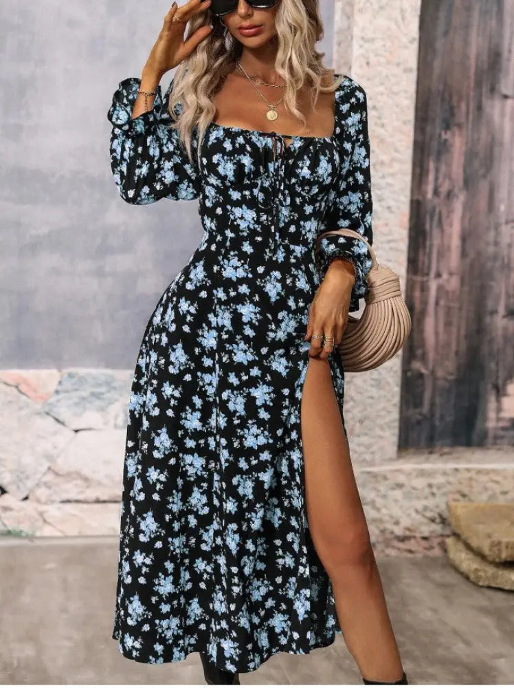 Floral Square Neck Slit Maxi Dress with Long Sleeves