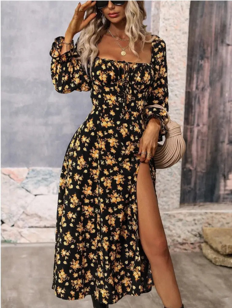 Floral Square Neck Slit Maxi Dress with Long Sleeves