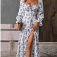 Floral Square Neck Slit Maxi Dress with Long Sleeves