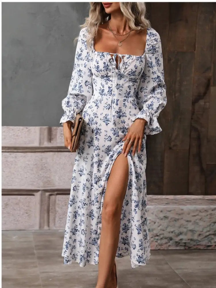 Floral Square Neck Slit Maxi Dress with Long Sleeves