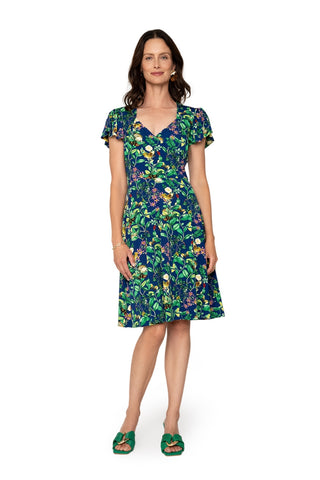 Vestido feminino Leota's com mangas esvoaçantes e borboleta azul-marinho
