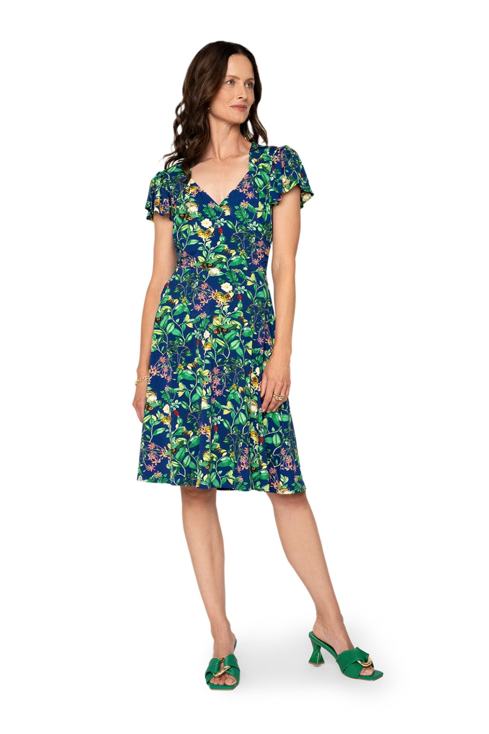Vestido feminino Leota's com mangas esvoaçantes e borboleta azul-marinho