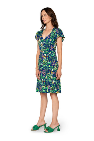 Vestido feminino Leota's com mangas esvoaçantes e borboleta azul-marinho