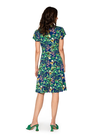 Vestido feminino Leota's com mangas esvoaçantes e borboleta azul-marinho