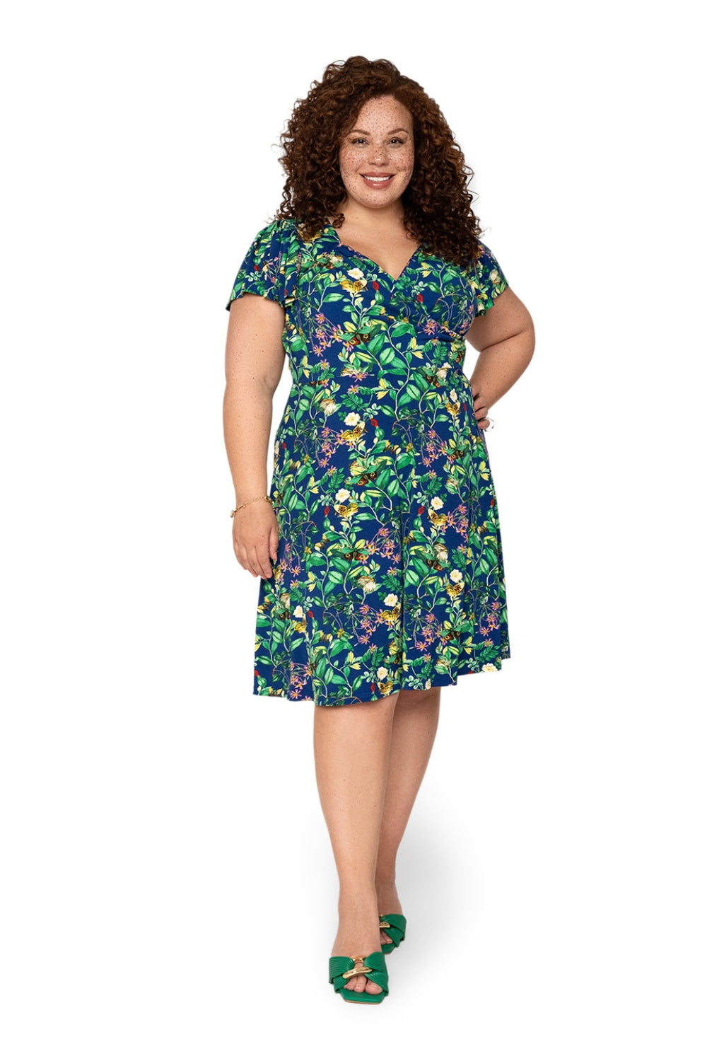 Vestido feminino Leota's Curve com mangas esvoaçantes e borboleta azul-marinho