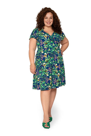 Vestido feminino Leota's Curve com mangas esvoaçantes e borboleta azul-marinho