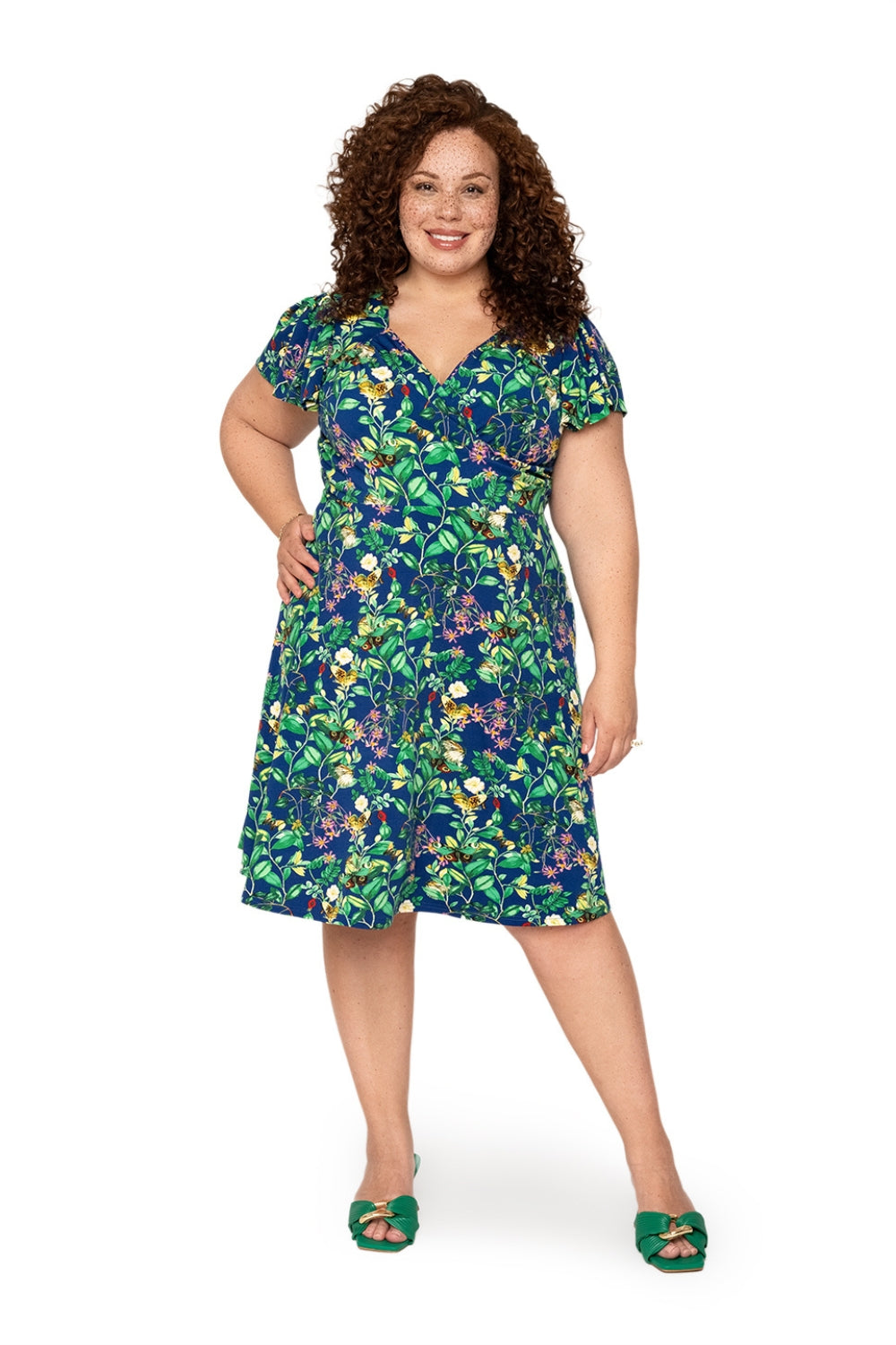 Vestido feminino Leota's Curve com mangas esvoaçantes e borboleta azul-marinho