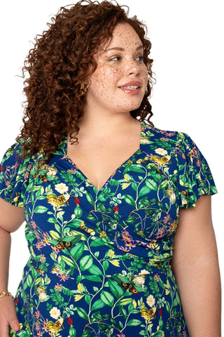 Vestido feminino Leota's Curve com mangas esvoaçantes e borboleta azul-marinho