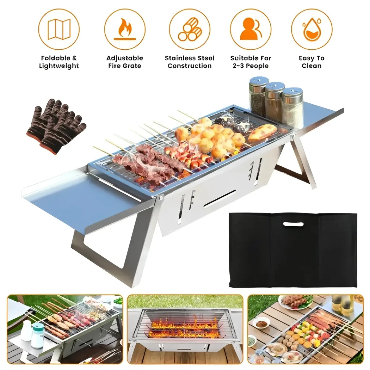 Foldable Charcoal Grill 3 in 1 Stainless Steel Set