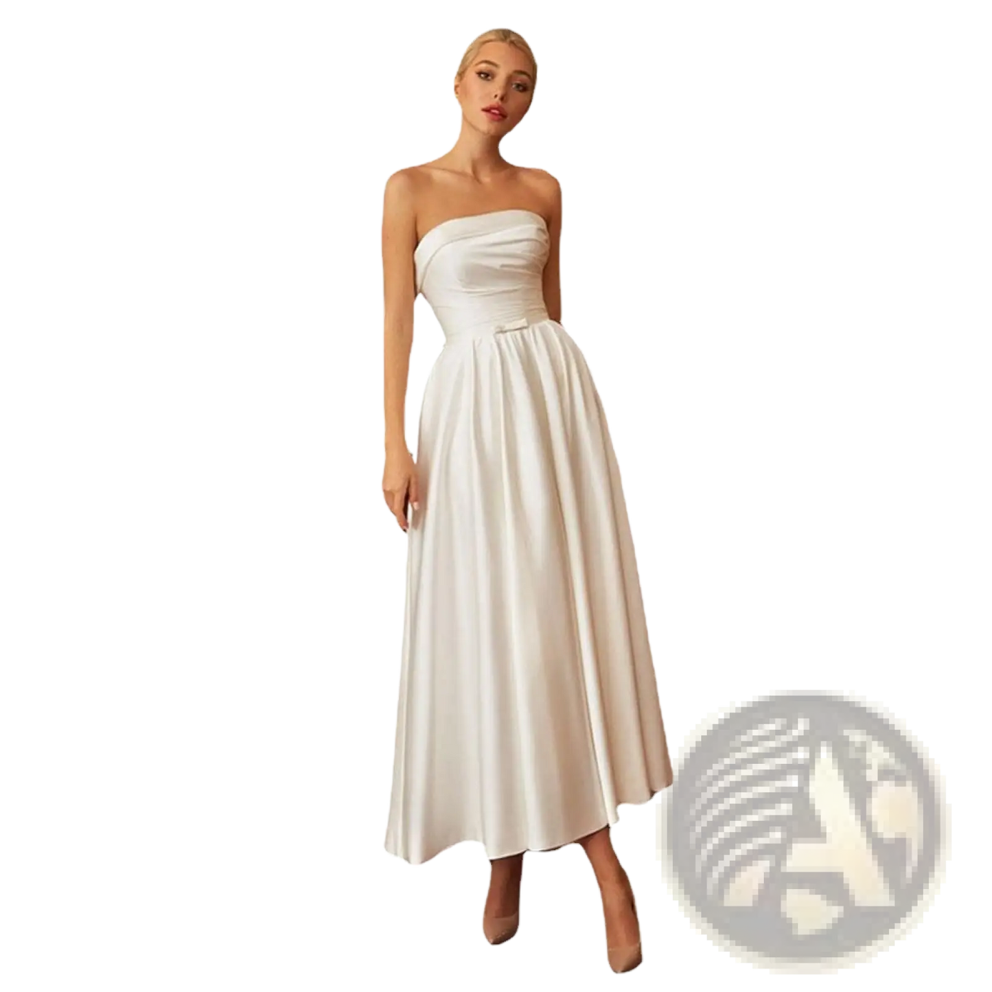 French Satin Strapless Midi Wedding and Evening Gown