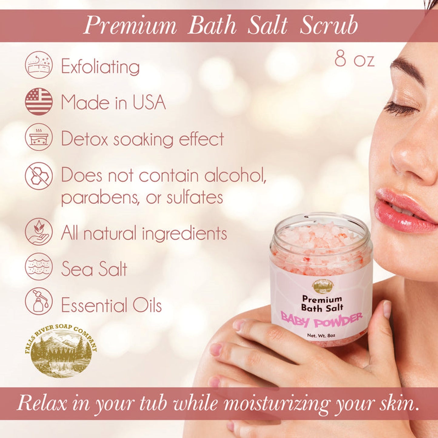 Esfoliante de sais de banho premium Falls River Soap, vegano e sem crueldade - Banana e Coco, 8 oz