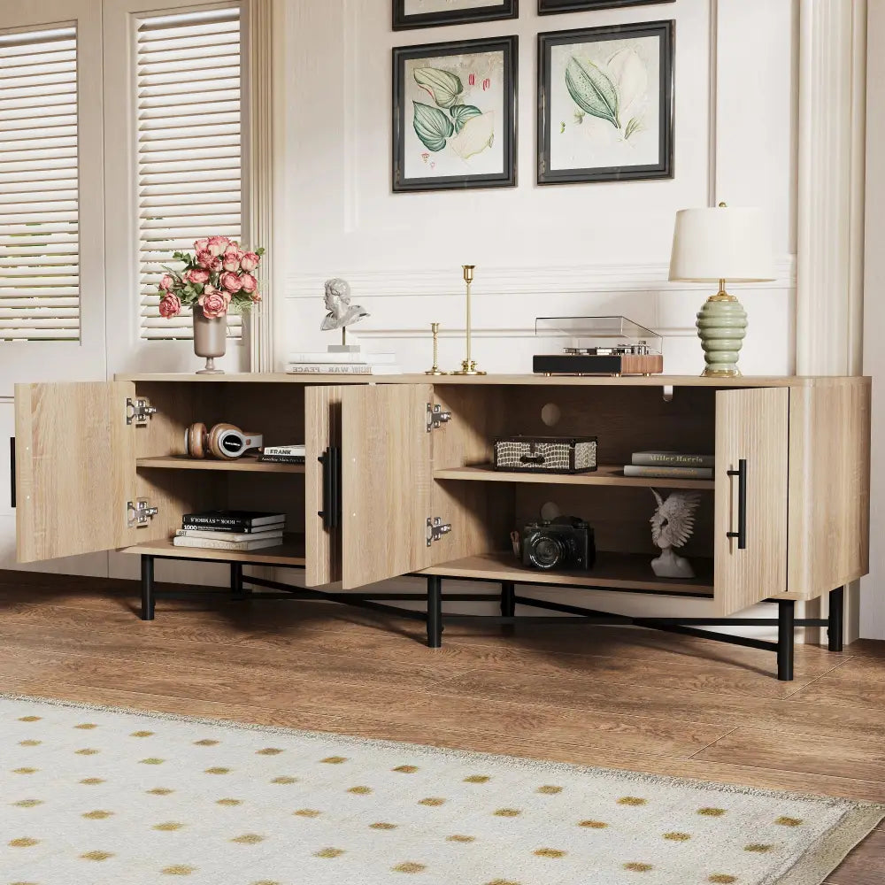 Slat Door 4 Door Tv Cabinet with Adjustable Shelves