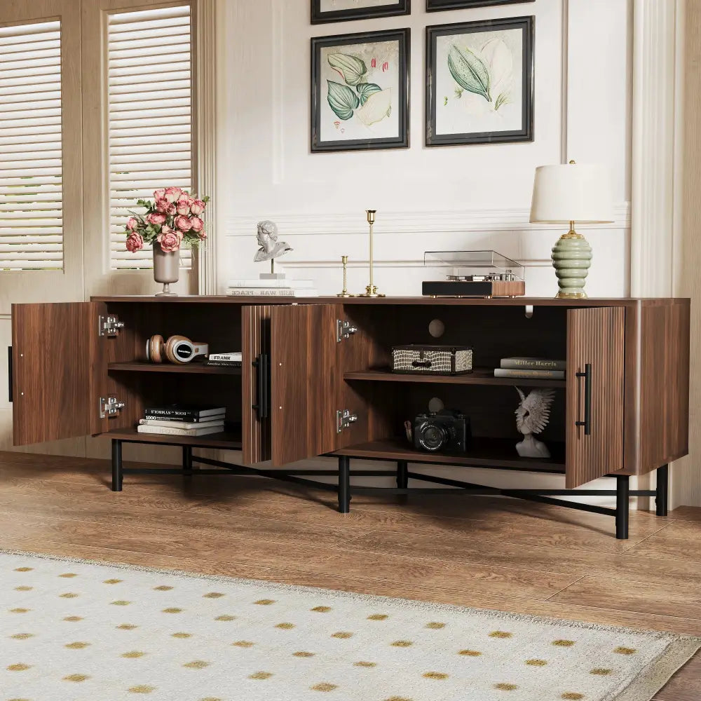 Chestnut 4 Door Tv Cabinet with Vertical Slats and Metal Legs