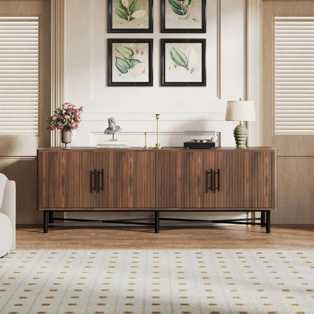Chestnut 4 Door Tv Cabinet with Vertical Slats and Metal Legs