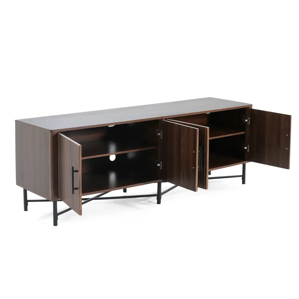 Chestnut 4 Door Tv Cabinet with Vertical Slats and Metal Legs