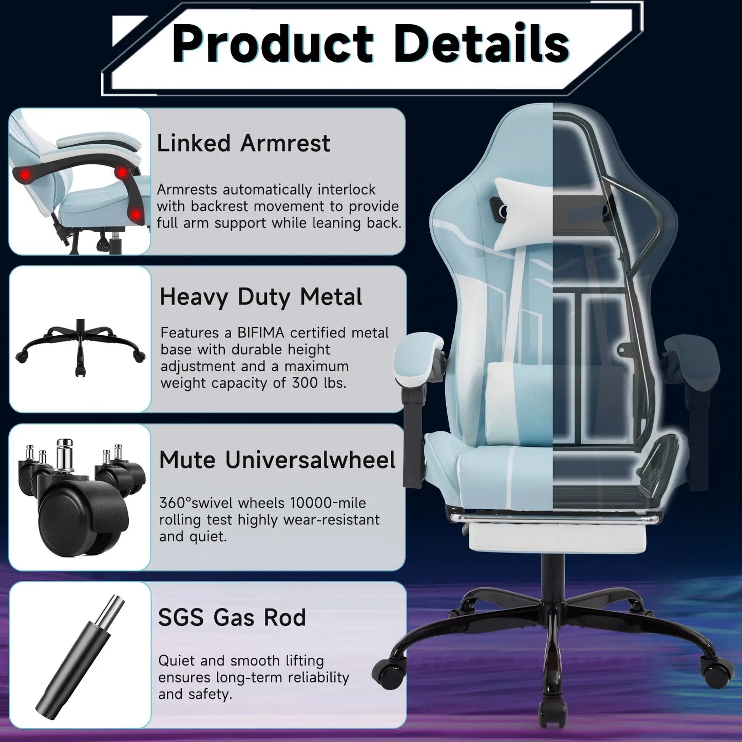 Gaming Chair with Footrest and Massage Lumbar Support