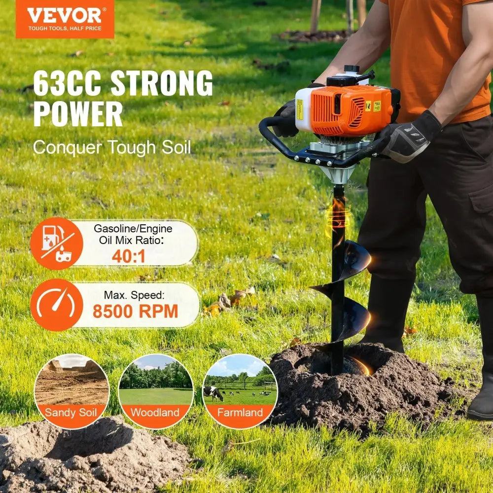 63cc Gas Post Hole Digger with 8 Drill Bits and Extension Rod