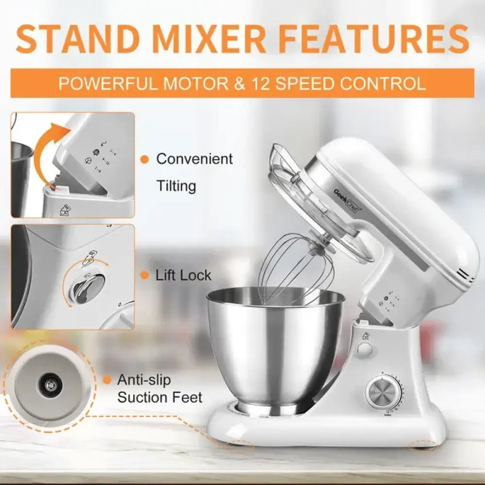 Geekchef 4.8qt White Electric Stand Mixer with 12 Speeds