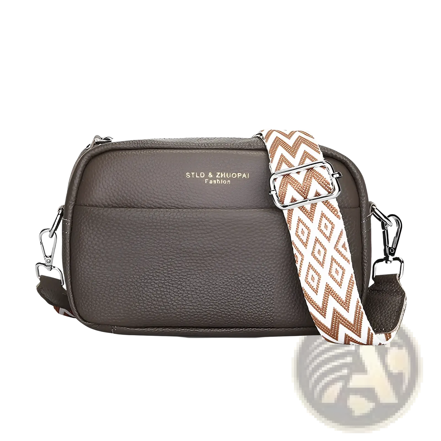 Genuine Leather Crossbody Bag with Geometric Pattern Strap
