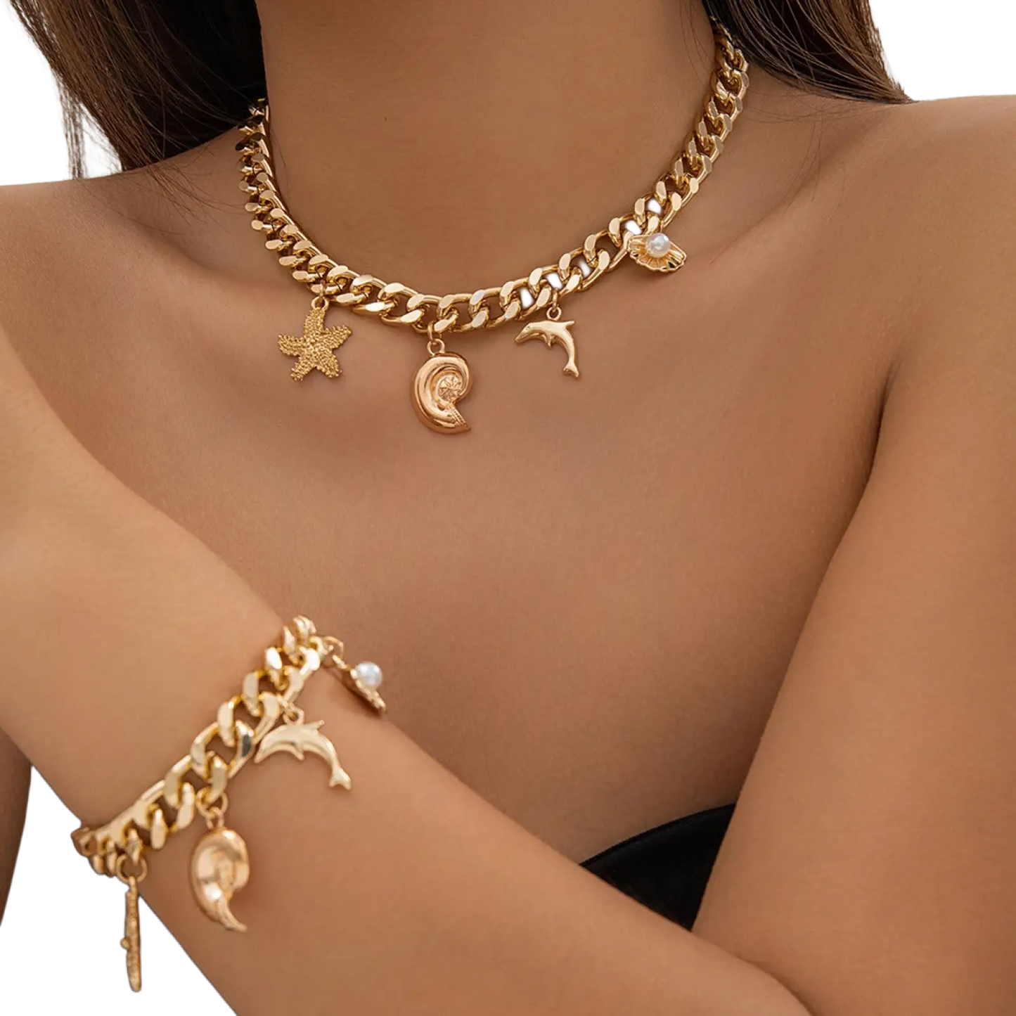 Gold Boho Sea Charm Choker and Bracelet Set