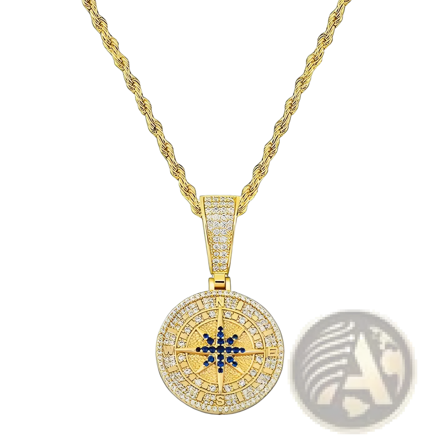 Gold Compass Pendant Necklace with Blue Gemstone Accents