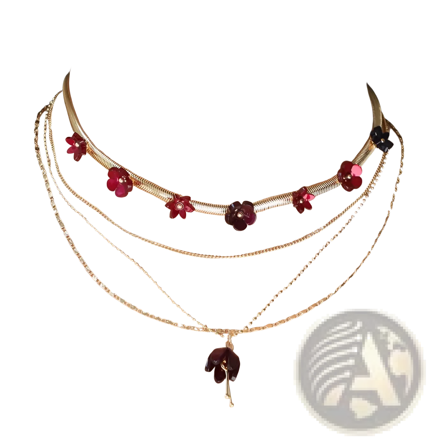 Gold Layered Choker with Red and Purple Acrylic Flowers