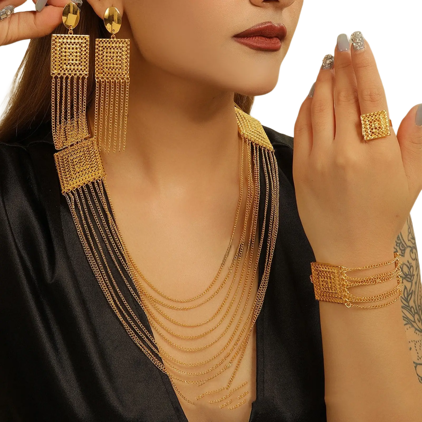 Gold Layered Tassel Necklace and Jewelry Set