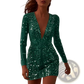 Gold Sequin Deep v Mini Dress with Sheer Long Sleeves