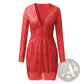 Gold Sequin Deep v Mini Dress with Sheer Long Sleeves