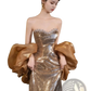 Gold Sequin Evening Gown with Dramatic Satin Puff Sleeves