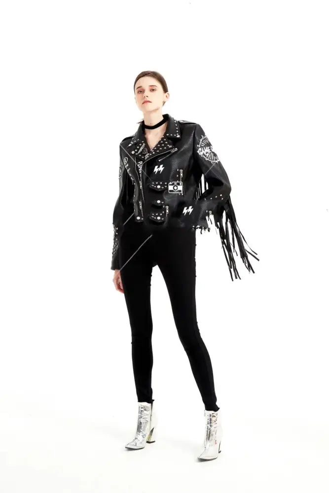 Women's Graffiti Rivet Studded Fringe Leather Jacket