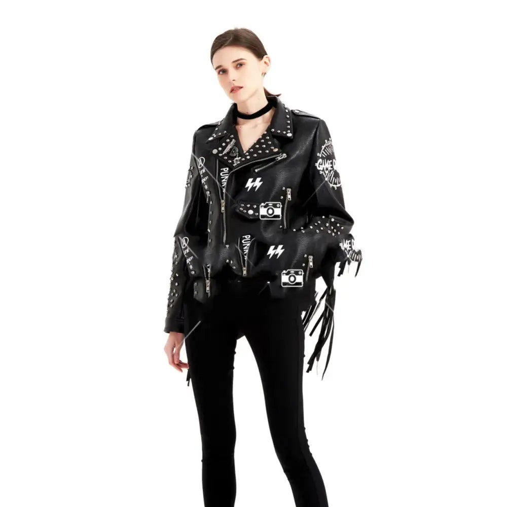 Women's Graffiti Rivet Studded Fringe Leather Jacket