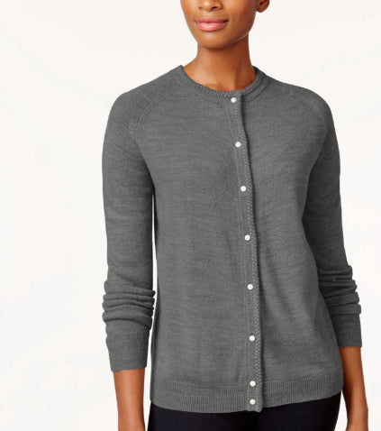 Karen Scott Cardigan Feminino com Botões e Contas Cinza Tamanho Médio