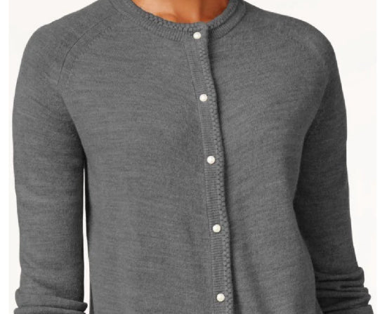 Karen Scott Cardigan Feminino com Botões e Contas Cinza Tamanho Médio