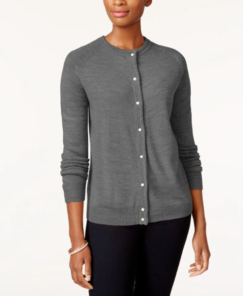 Karen Scott Cardigan Feminino com Botões e Contas Cinza Tamanho Médio