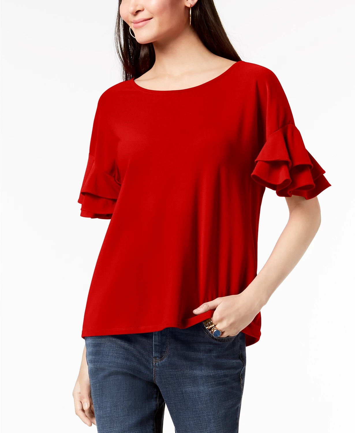 Blusa feminina pequena com mangas franzidas INC International Concepts, vermelha escura, tamanho médio