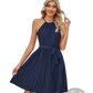 Halter Neck Pleated Chiffon Mini Dress with Belt
