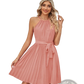 Halter Neck Pleated Chiffon Mini Dress with Belt