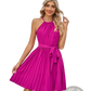 Halter Neck Pleated Chiffon Mini Dress with Belt
