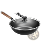 Handmade Iron Wok with Wooden Handle and Glass Lid
