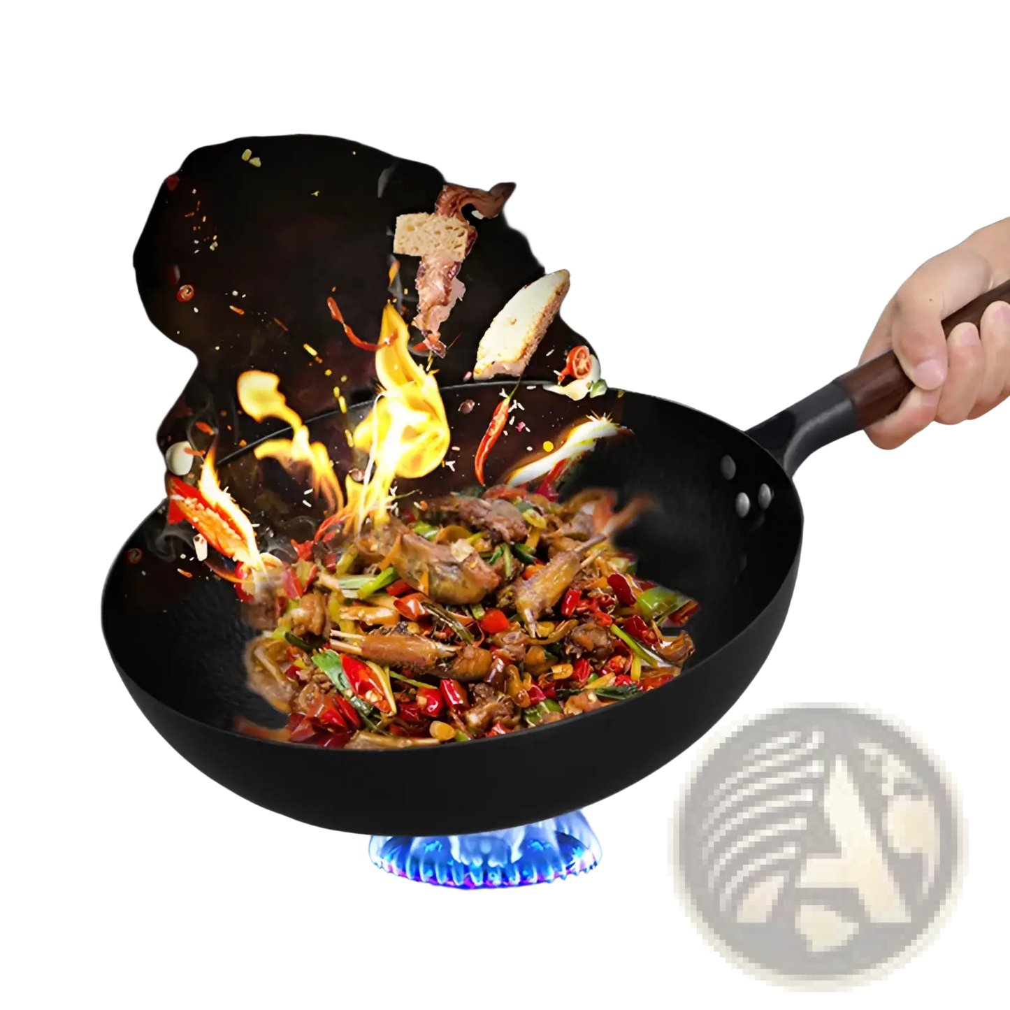 Handmade Iron Wok with Wooden Handle and Glass Lid