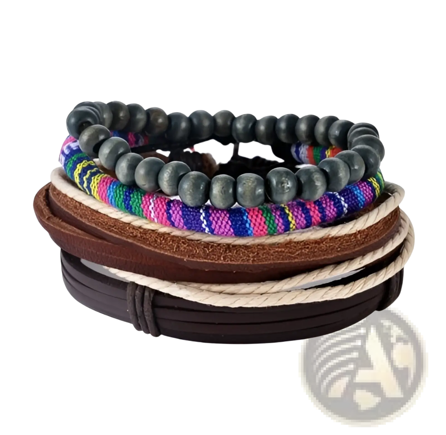 Handmade Multilayer Braided Leather and Wood Bead Bracelet