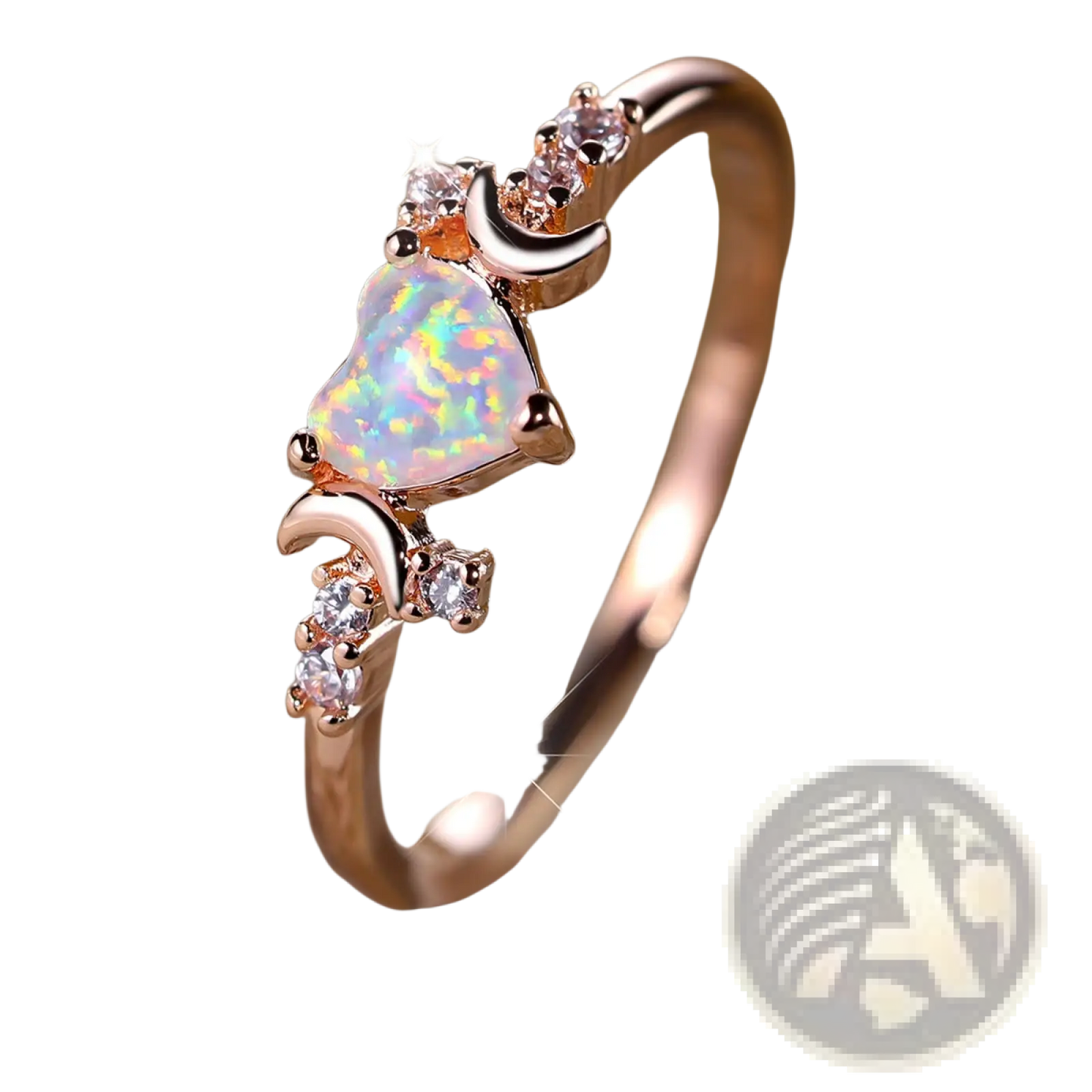 Heart Opal Crescent Moon Ring with Diamonds