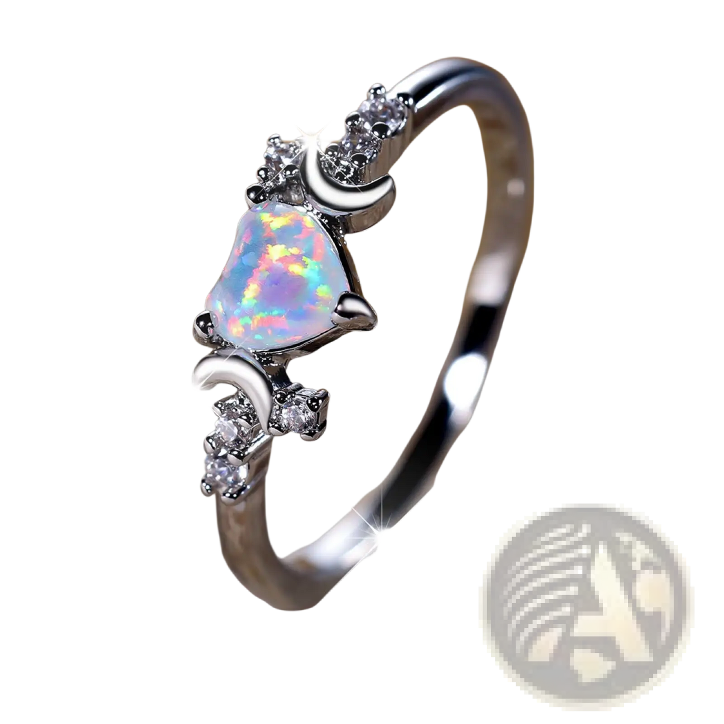 Heart Opal Crescent Moon Ring with Diamonds