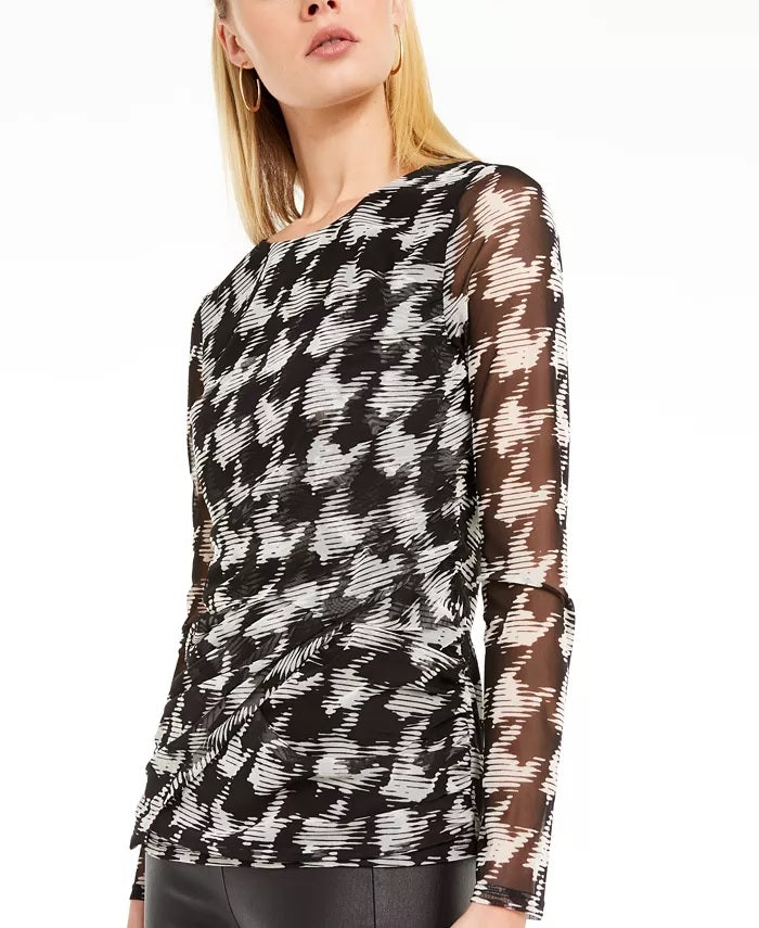 INC International Concepts Top feminino com estampa pequena e manga transparente, tamanho pequeno, branco