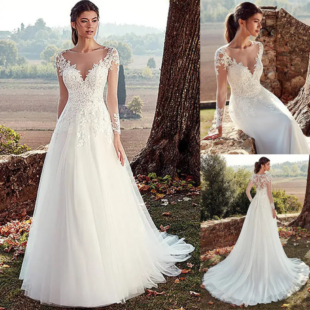 Lace Long Sleeve A-line Tulle Wedding Gown